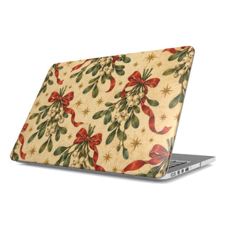 Mistletoe & Ribbons MacBook case — mistletoe sprigs tied with red ribbon bows on aged cream, hard-shell laptop cover, angled lid view