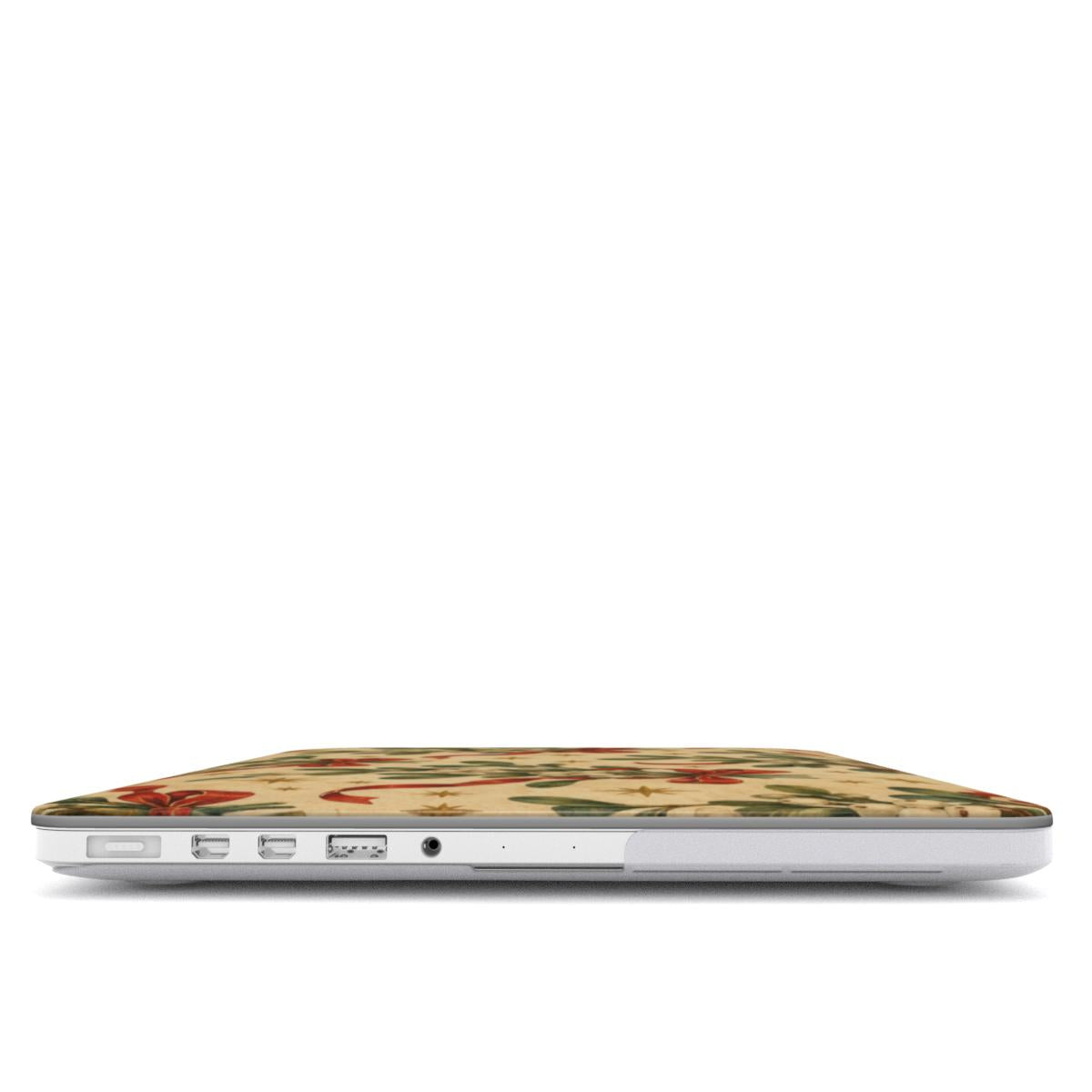 Mistletoe & Ribbons MacBook case — hard-shell laptop cover, side view with ports