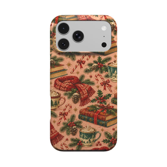 Cocoa & Books phone case — mugs of cocoa, stacked books and red knitted scarves on blush pink, MagSafe iPhone case, front view