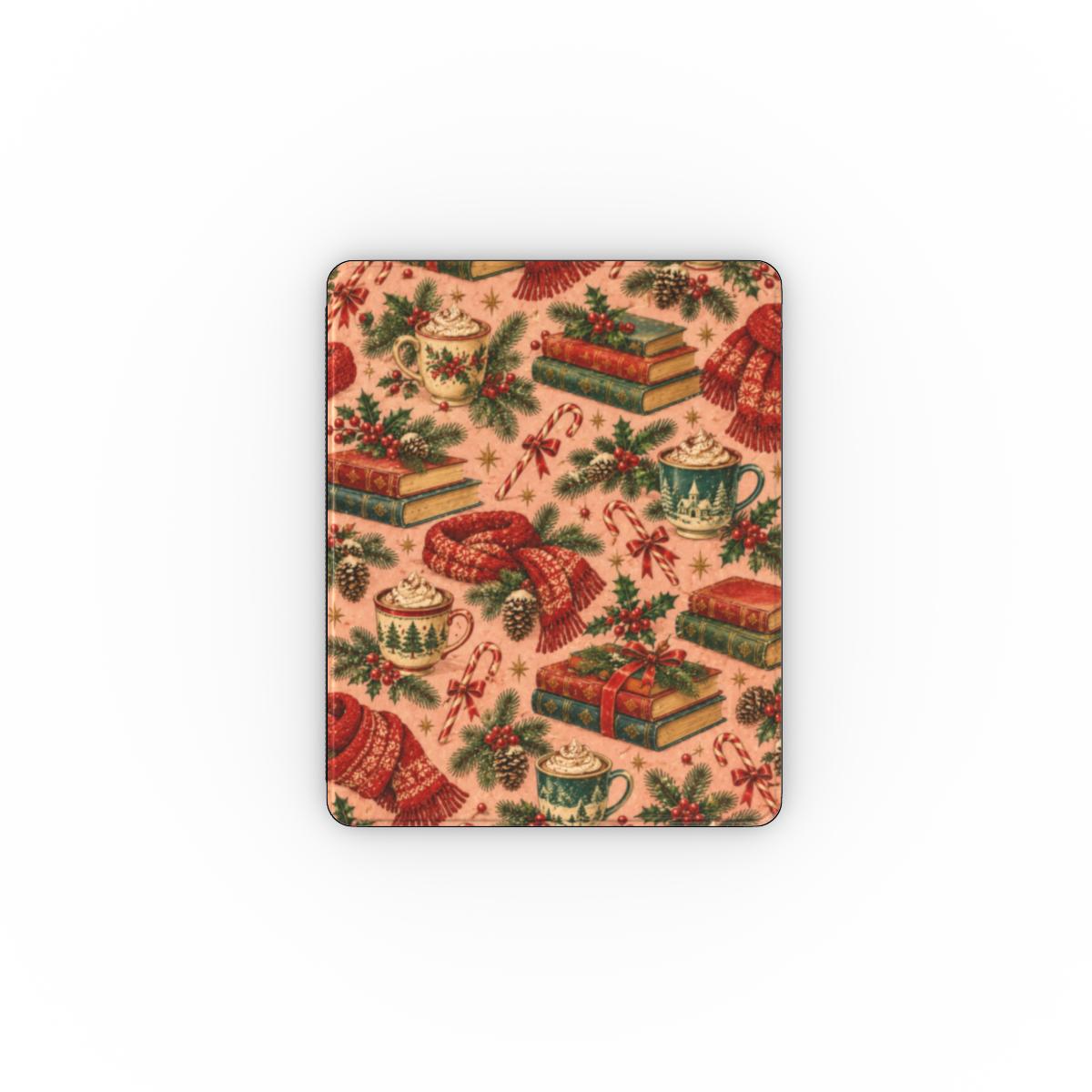 Cocoa & Books iPad case — mugs of cocoa, stacked books and red knitted scarves on blush pink