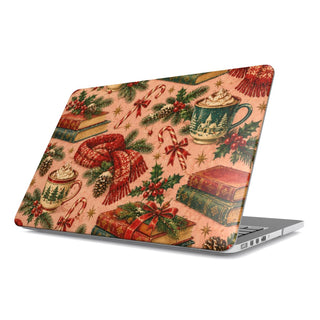 Cocoa & Books MacBook case — mugs of cocoa, stacked books and red knitted scarves on blush pink, hard-shell laptop cover, angled lid view