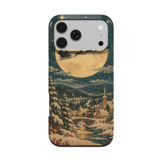 Christmas Eve Sleigh phone case — reindeer sleigh flying across a full moon over a snowy pine forest, MagSafe iPhone case, front view