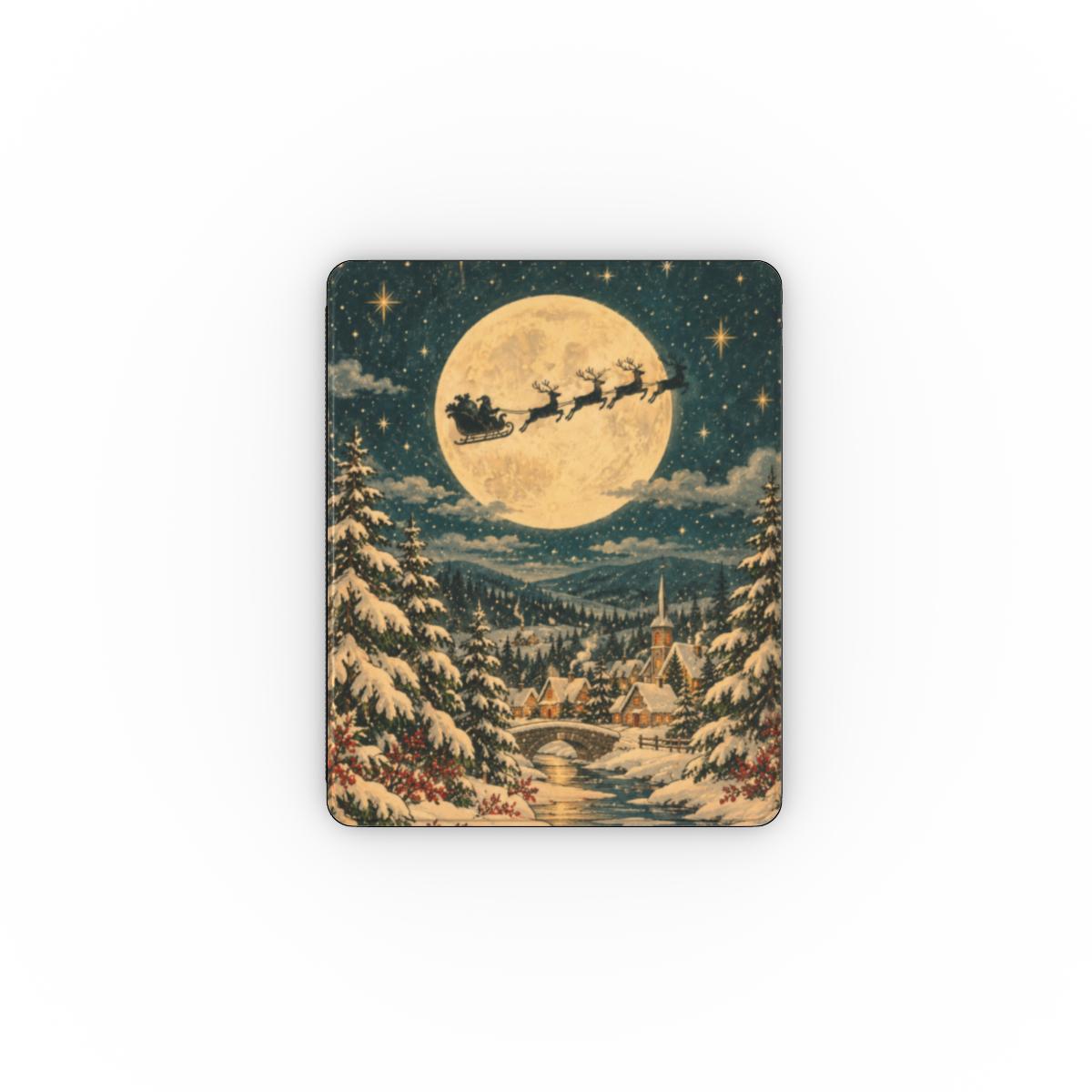 Christmas Eve Sleigh iPad case — reindeer sleigh flying across a full moon over a snowy pine forest