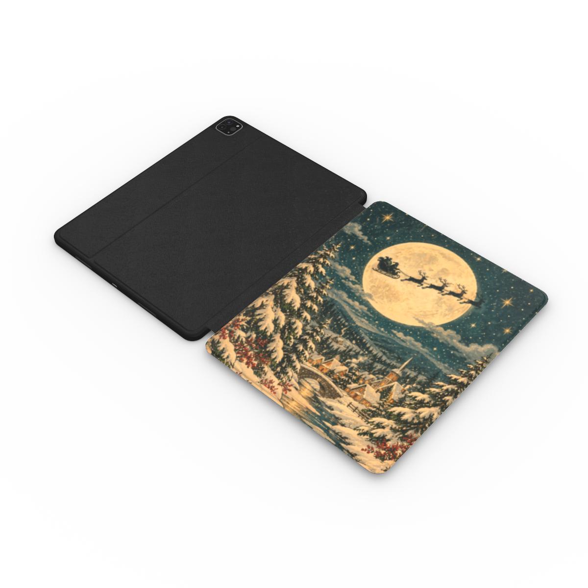 Christmas Eve Sleigh iPad case opened flat — printed front cover with plain black interior