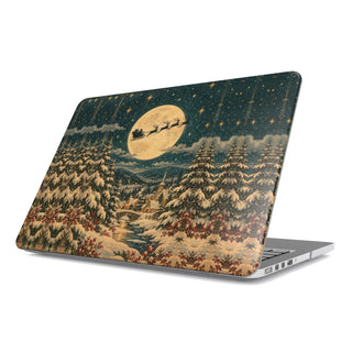 Christmas Eve Sleigh MacBook case — reindeer sleigh flying across a full moon over a snowy pine forest, hard-shell laptop cover, angled lid view