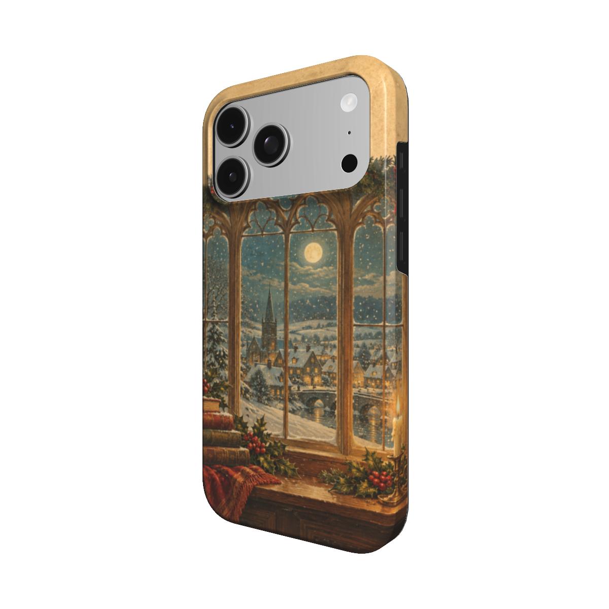 Christmas Library Window phone case — MagSafe iPhone case, angled view