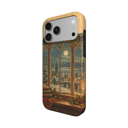 Christmas Library Window phone case — MagSafe iPhone case, angled view
