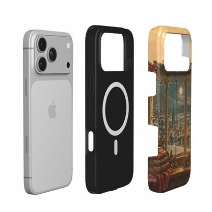 Christmas Library Window phone case — MagSafe iPhone case, shell and liner views