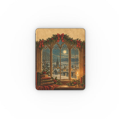 Christmas Library Window iPad case — arched library window with snowfall, candle, holly and old books