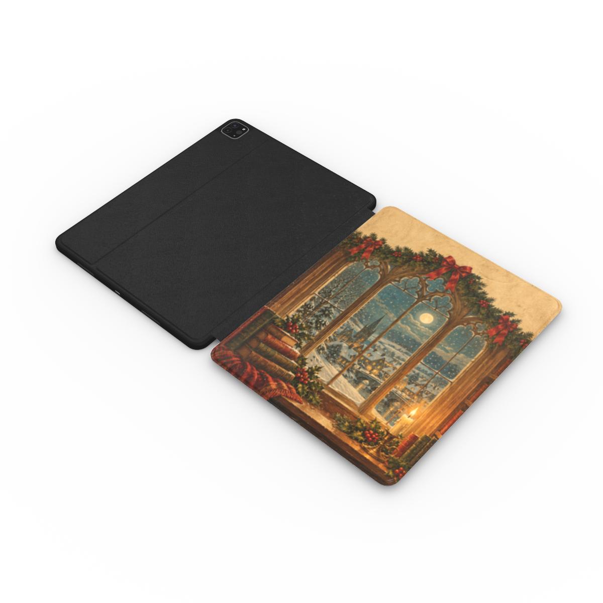 Christmas Library Window iPad case opened flat — printed front cover with plain black interior