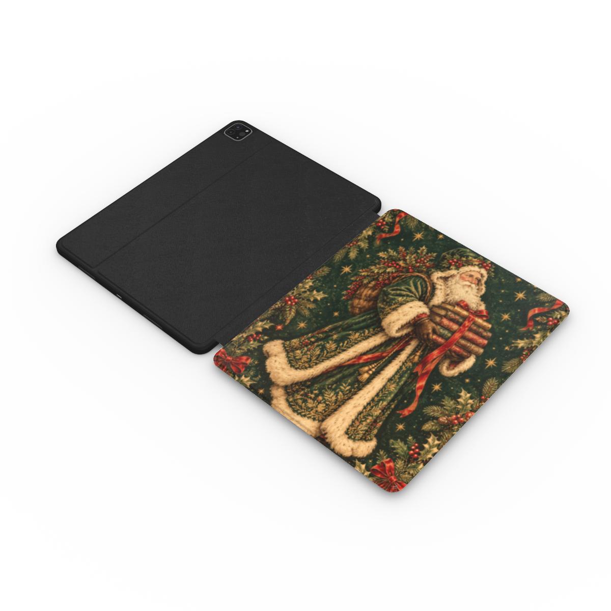 Father Christmas & Books iPad case opened flat — printed front cover with plain black interior
