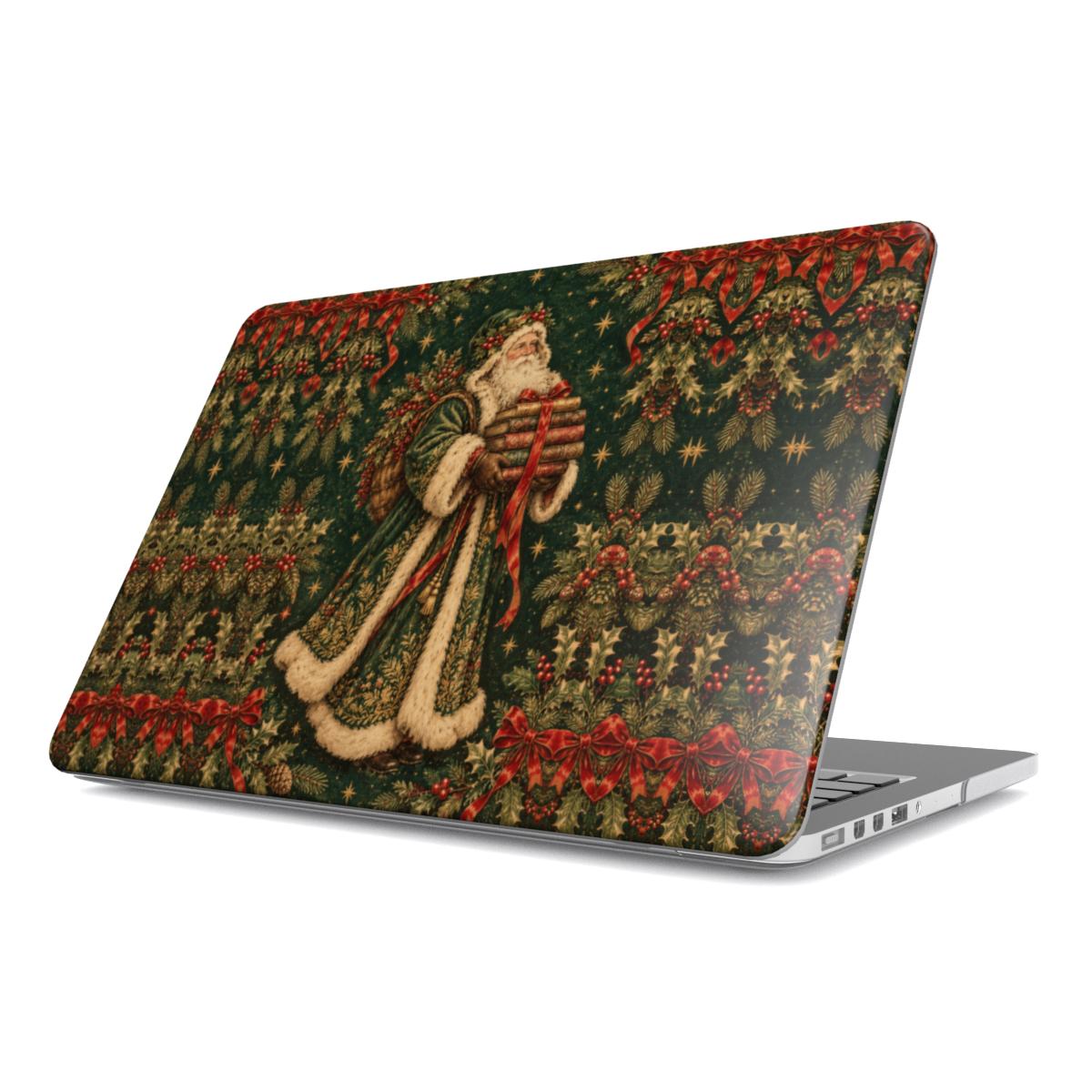 Father Christmas & Books MacBook case — Victorian Father Christmas in a green robe carrying a stack of books, hard-shell laptop cover, angled lid view