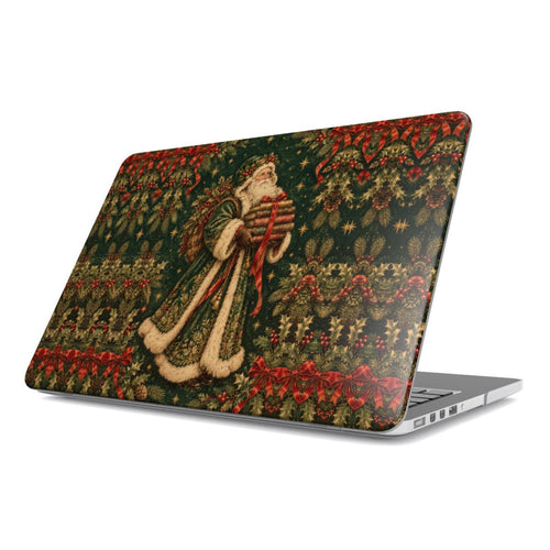 Father Christmas & Books MacBook case — Victorian Father Christmas in a green robe carrying a stack of books, hard-shell laptop cover, angled lid view