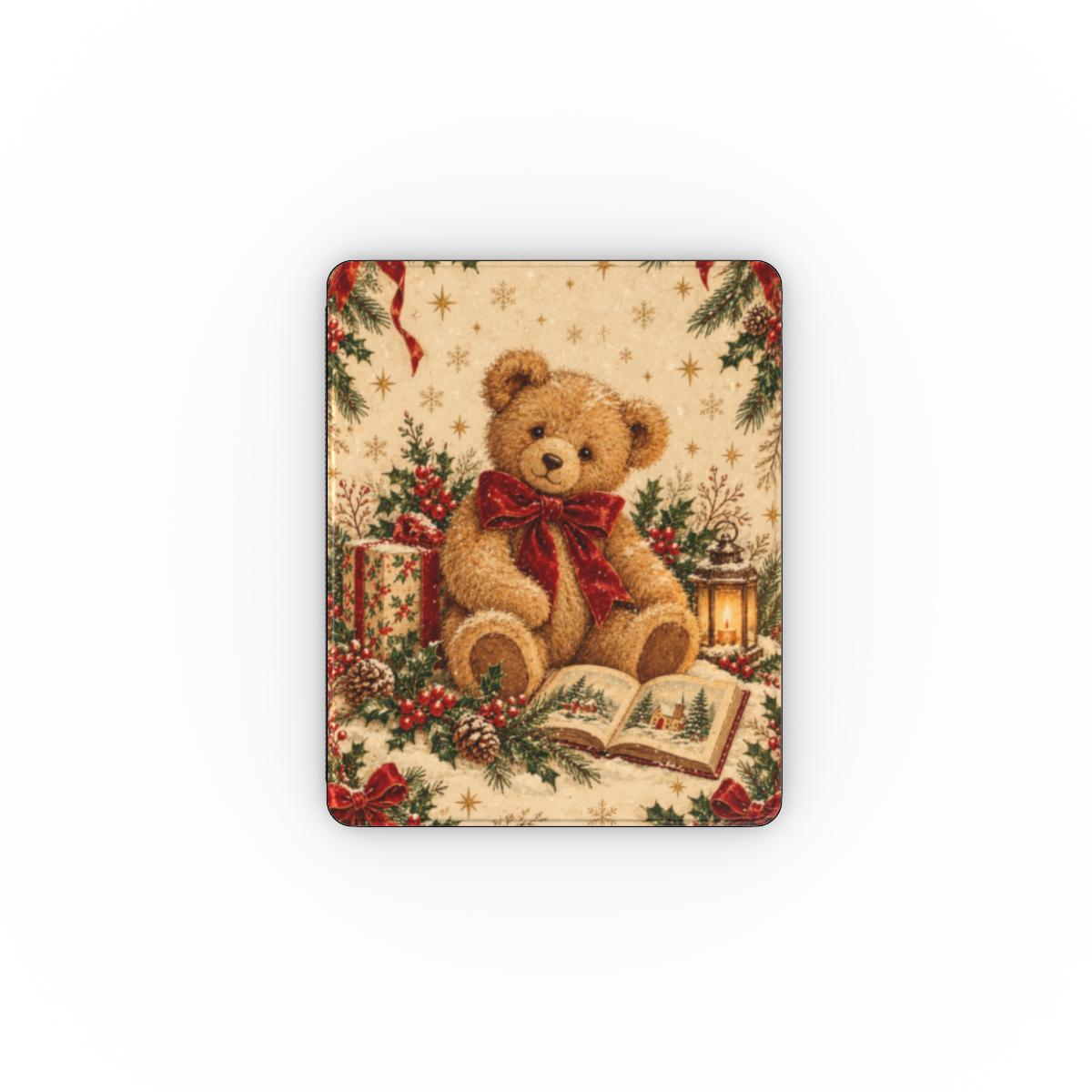 Vintage Teddy Bear iPad case — plush teddy bear with a red velvet bow, present and storybook
