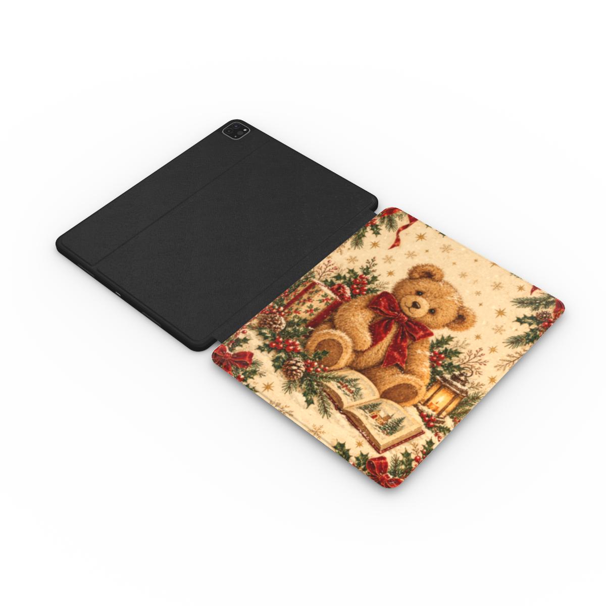 Vintage Teddy Bear iPad case opened flat — printed front cover with plain black interior
