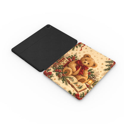 Vintage Teddy Bear iPad case opened flat — printed front cover with plain black interior