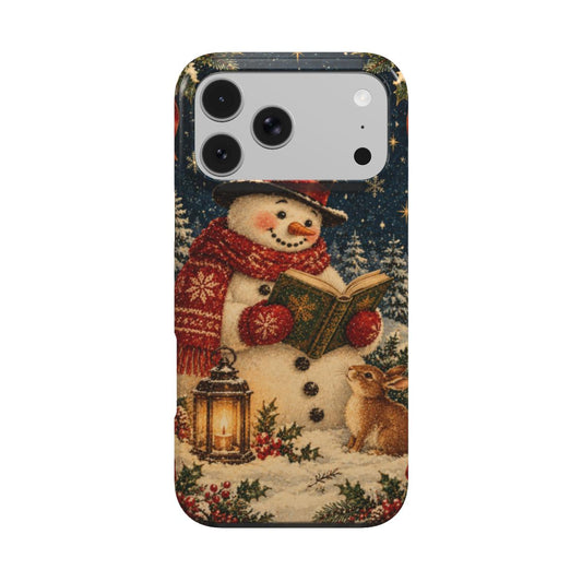 Reading Snowman phone case — snowman in a top hat and red scarf reading a book under the stars, MagSafe iPhone case, front view