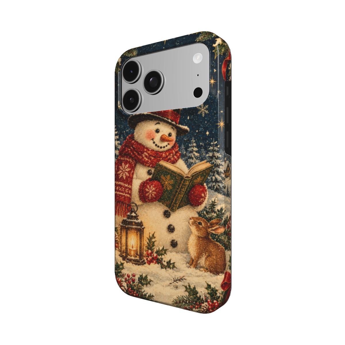 Reading Snowman phone case — MagSafe iPhone case, angled view