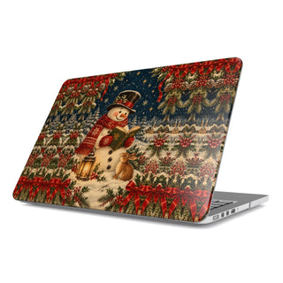 Reading Snowman MacBook case — snowman in a top hat and red scarf reading a book under the stars, hard-shell laptop cover, angled lid view