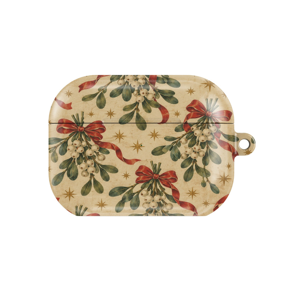 Mistletoe & Ribbons AirPods case — mistletoe sprigs tied with red ribbon bows on aged cream, closed front view