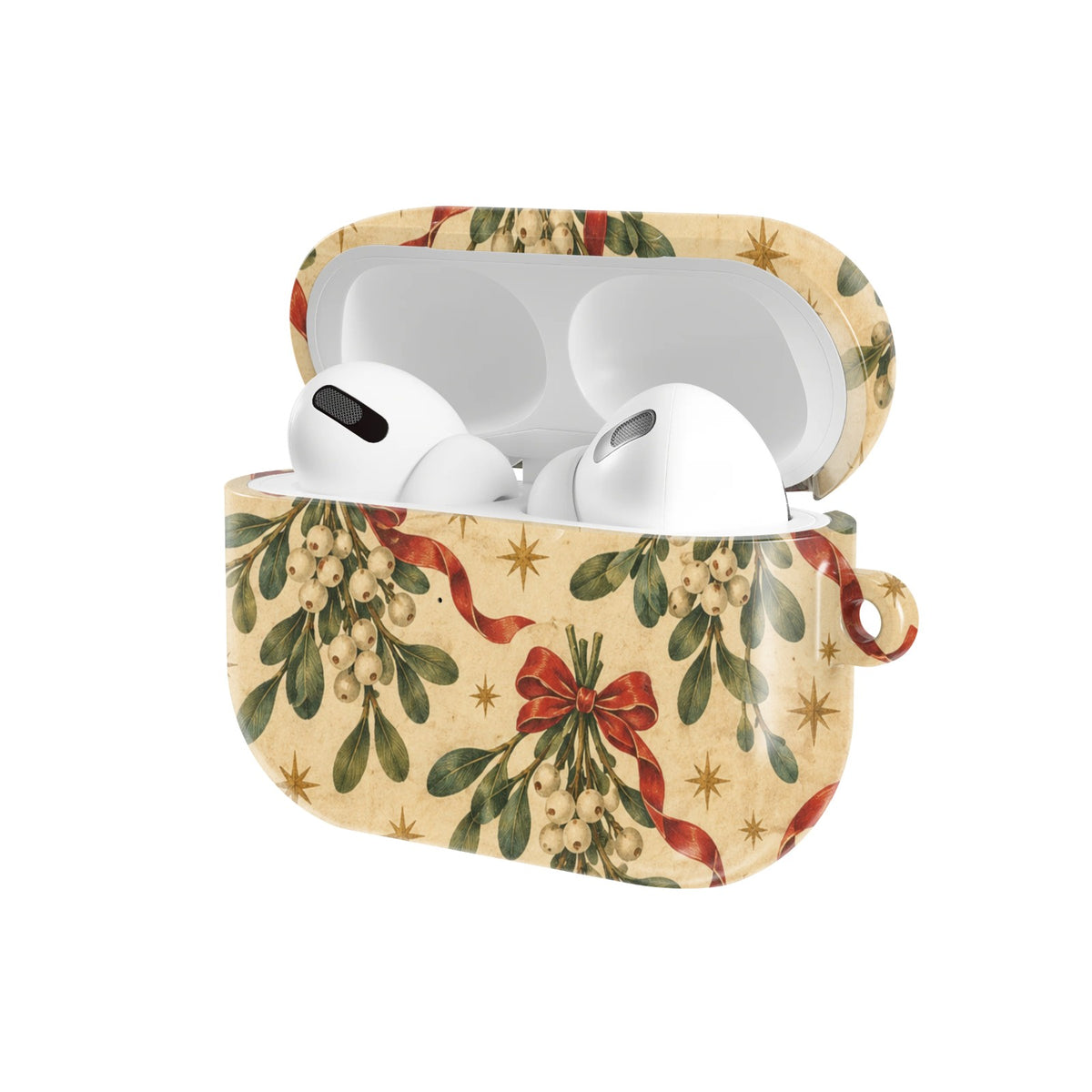 Mistletoe & Ribbons AirPods case — open angled view