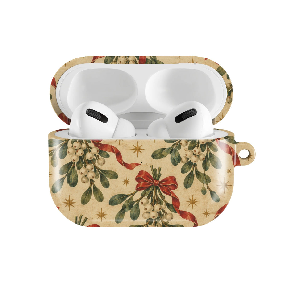 Mistletoe & Ribbons AirPods case — open front view