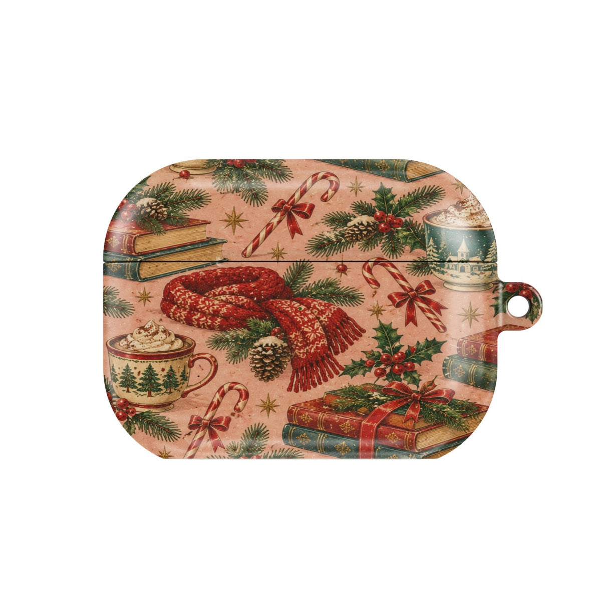 Cocoa & Books AirPods case — mugs of cocoa, stacked books and red knitted scarves on blush pink, closed front view