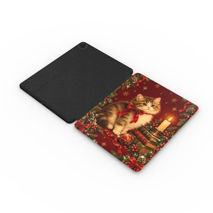 Christmas Cat iPad case opened flat — printed front cover with plain black interior