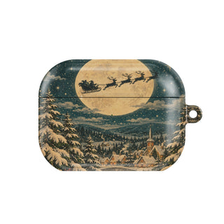 Christmas Eve Sleigh AirPods case — reindeer sleigh flying across a full moon over a snowy pine forest, closed front view