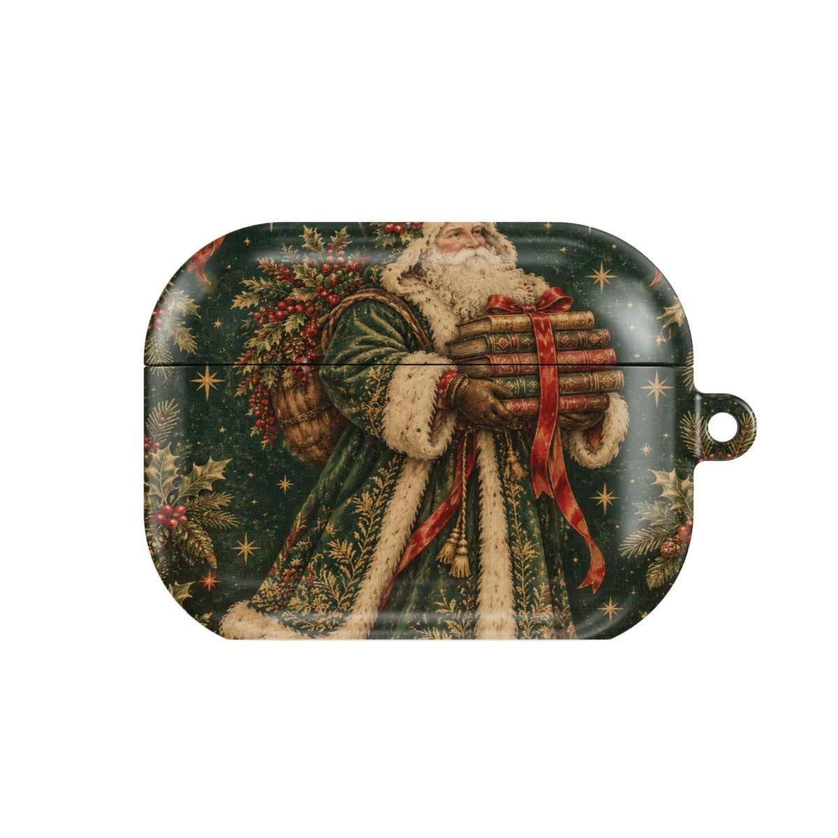Father Christmas & Books AirPods case — Victorian Father Christmas in a green robe carrying a stack of books, closed front view