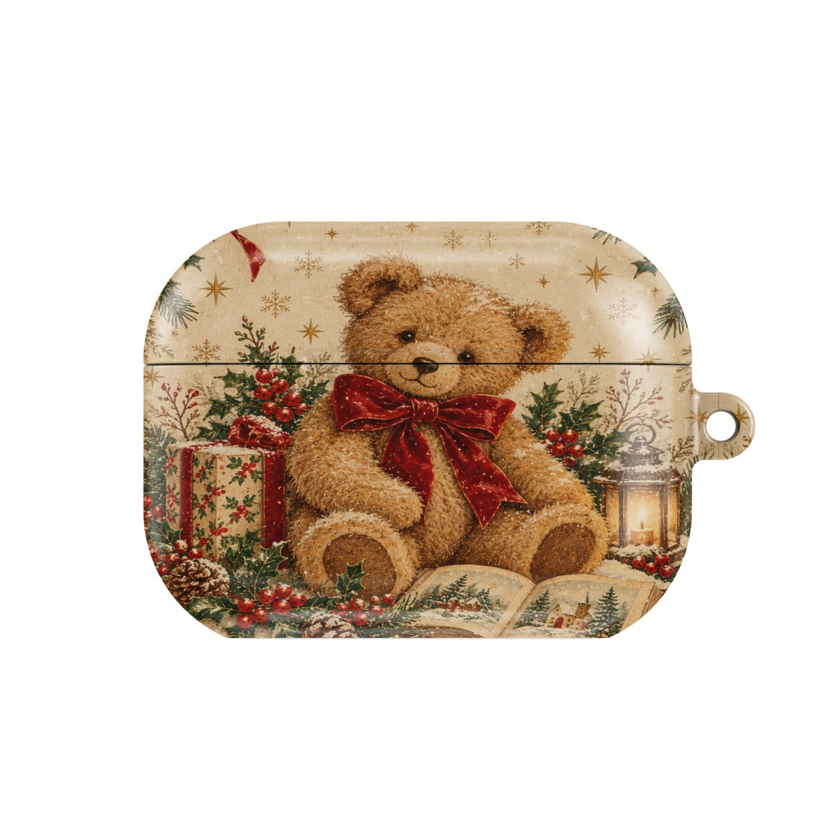 Vintage Teddy Bear AirPods case — plush teddy bear with a red velvet bow, present and storybook, closed front view