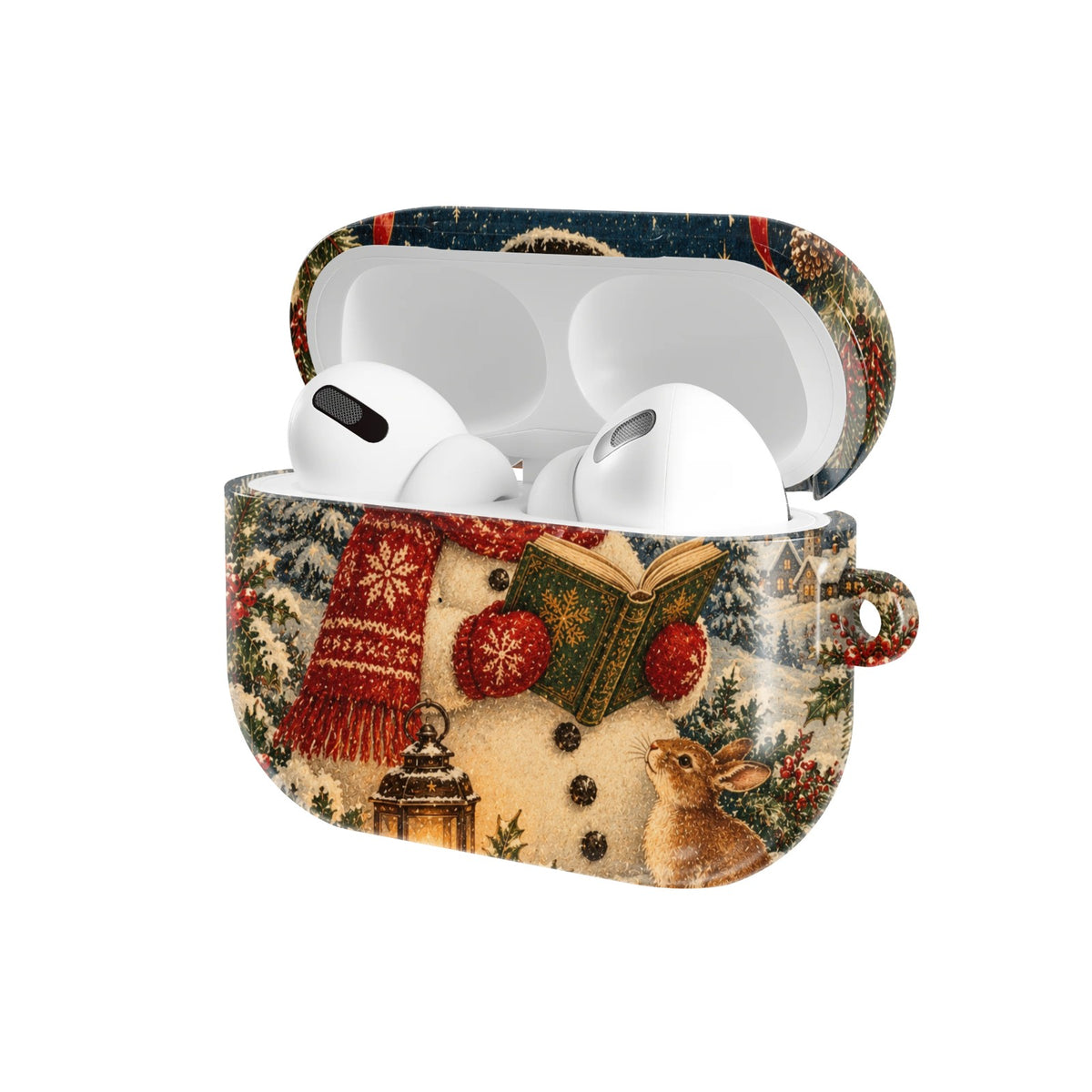 Reading Snowman AirPods case — open angled view