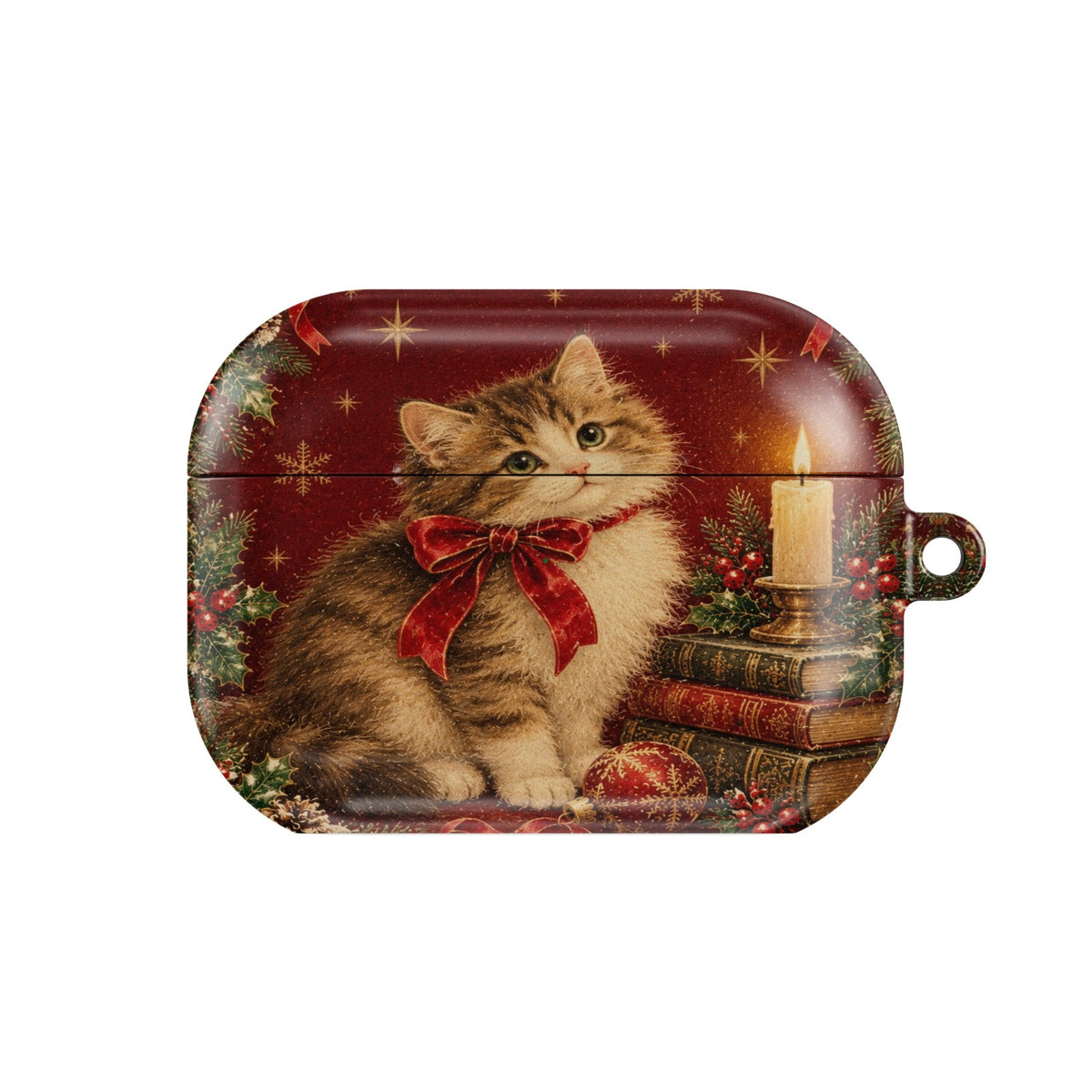 Christmas Cat AirPods case — fluffy kitten with a red bow beside a candle and stack of books, closed front view