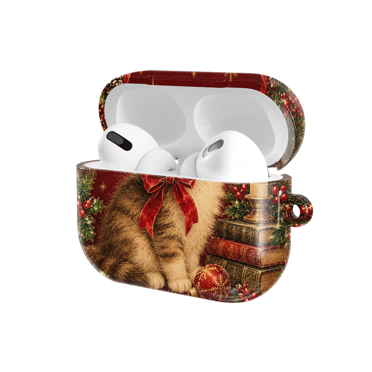 Christmas Cat AirPods case — open angled view