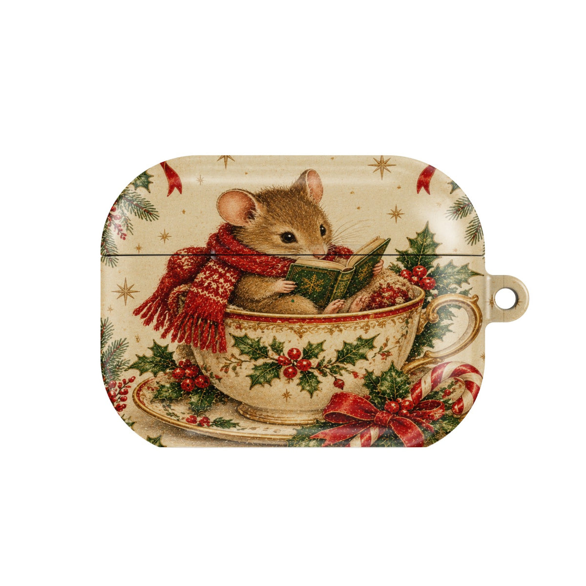 Teacup Mouse AirPods case — tiny mouse in a red scarf reading a book inside a holly teacup, closed front view