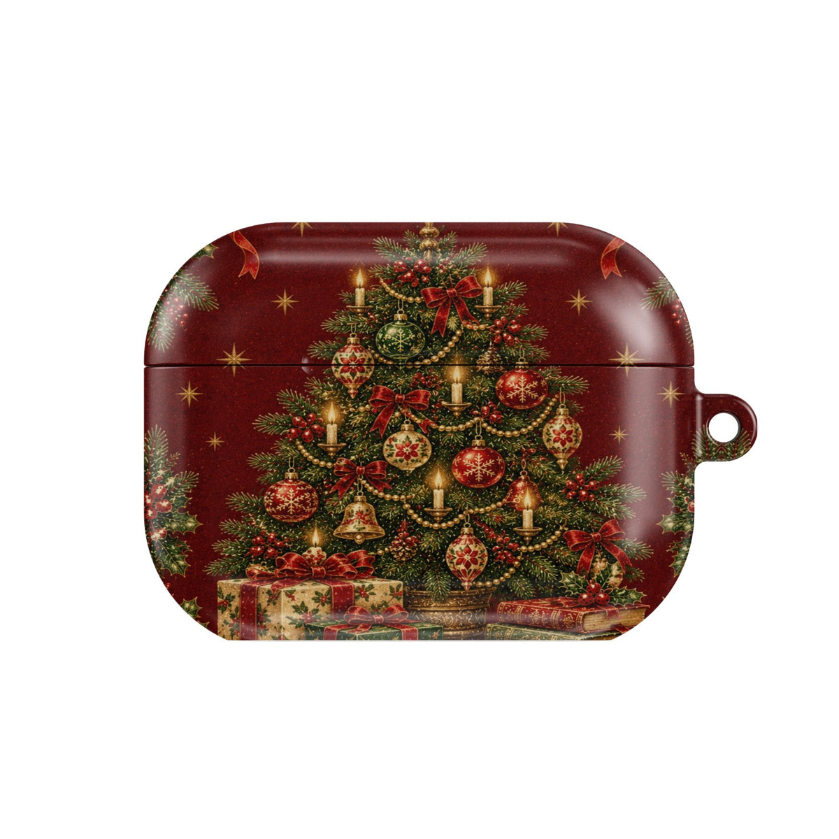 Vintage Tree & Books AirPods case — decorated vintage Christmas tree with presents and a stack of books, closed front view