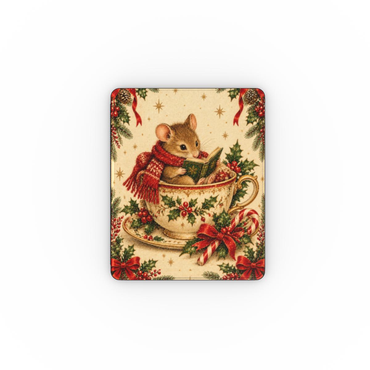 Teacup Mouse iPad case — tiny mouse in a red scarf reading a book inside a holly teacup