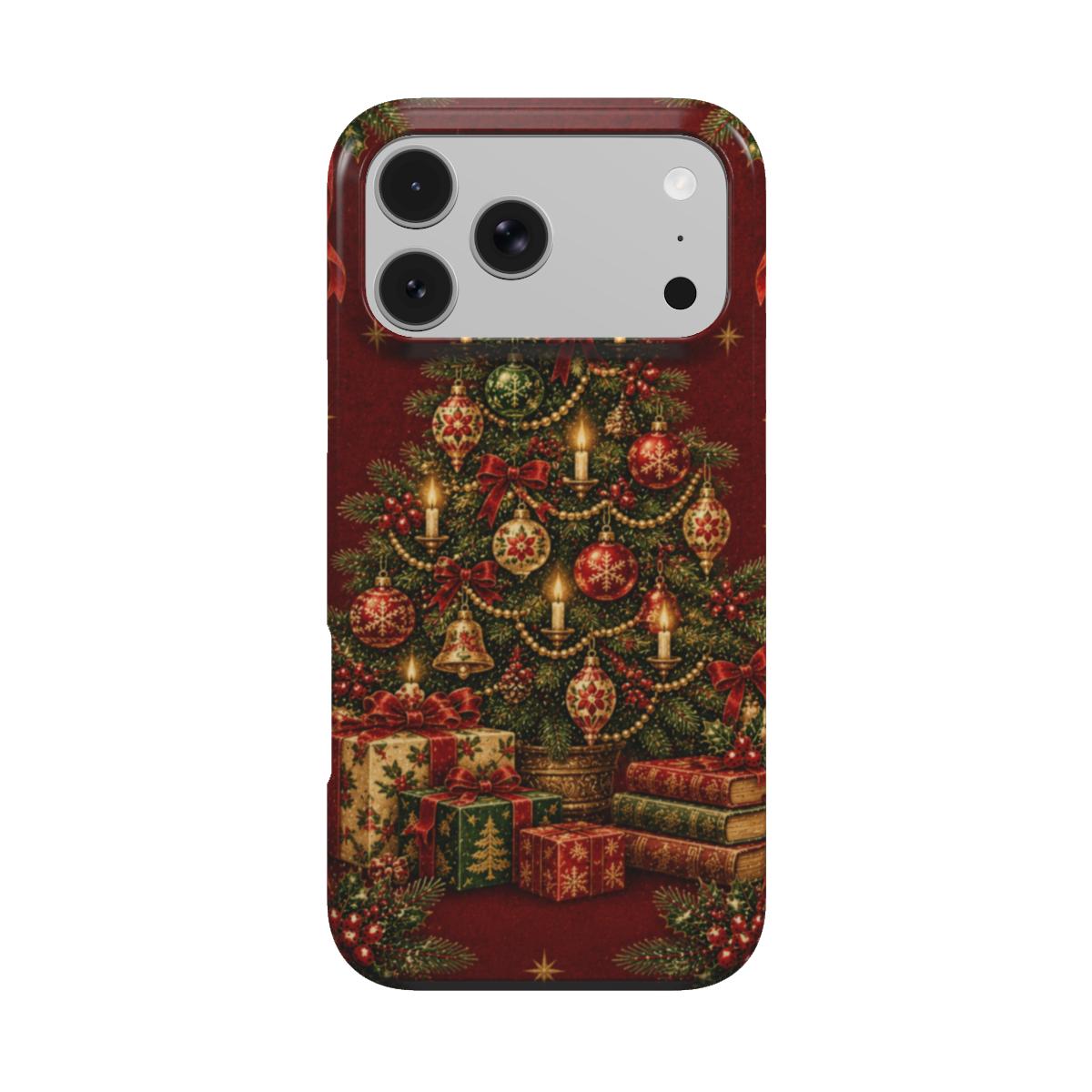 Vintage Tree & Books phone case — decorated vintage Christmas tree with presents and a stack of books, MagSafe iPhone case, front view