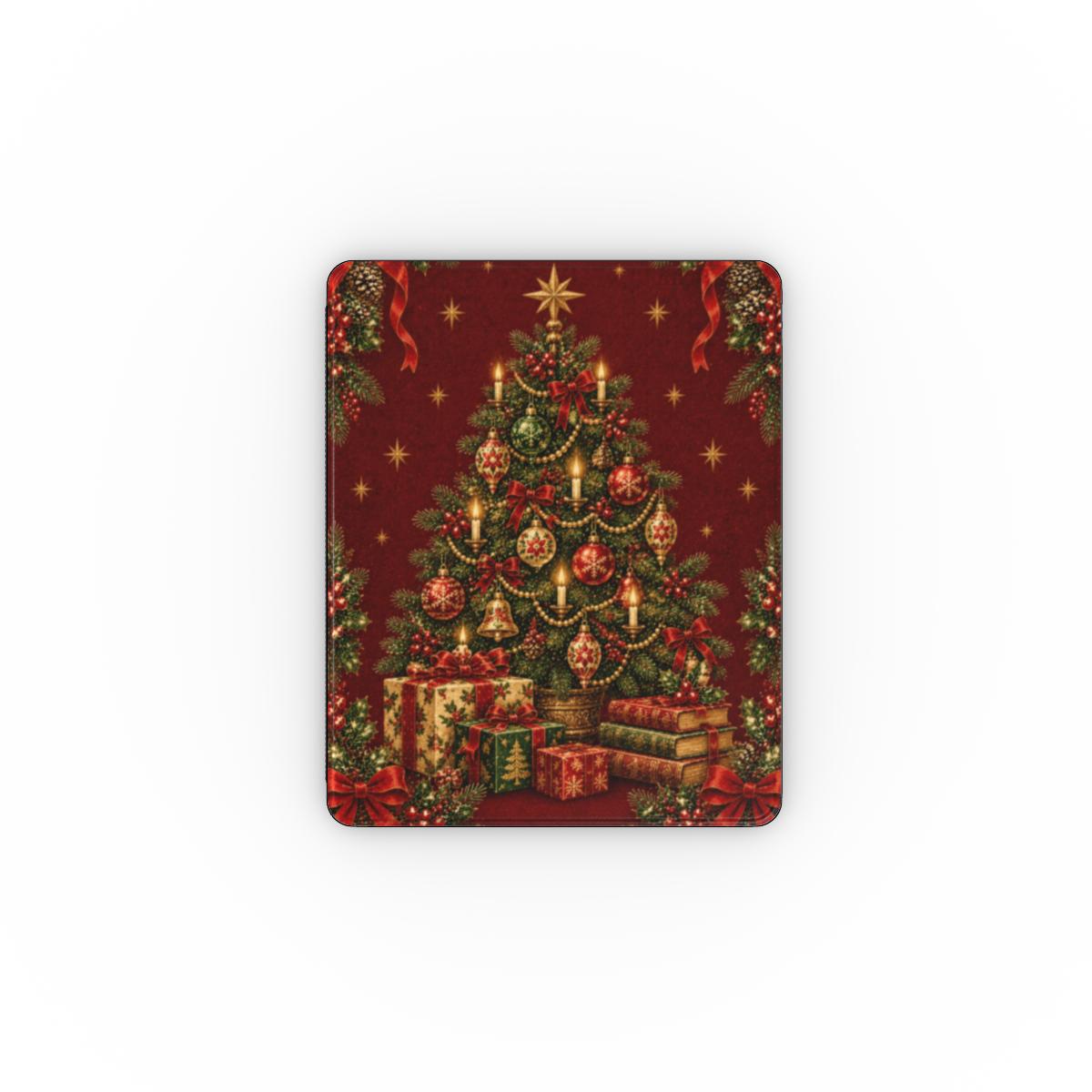 Vintage Tree & Books iPad case — decorated vintage Christmas tree with presents and a stack of books