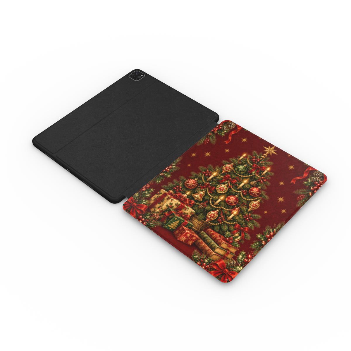 Vintage Tree & Books iPad case opened flat — printed front cover with plain black interior