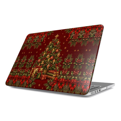 Vintage Tree & Books MacBook case — decorated vintage Christmas tree with presents and a stack of books, hard-shell laptop cover, angled lid view