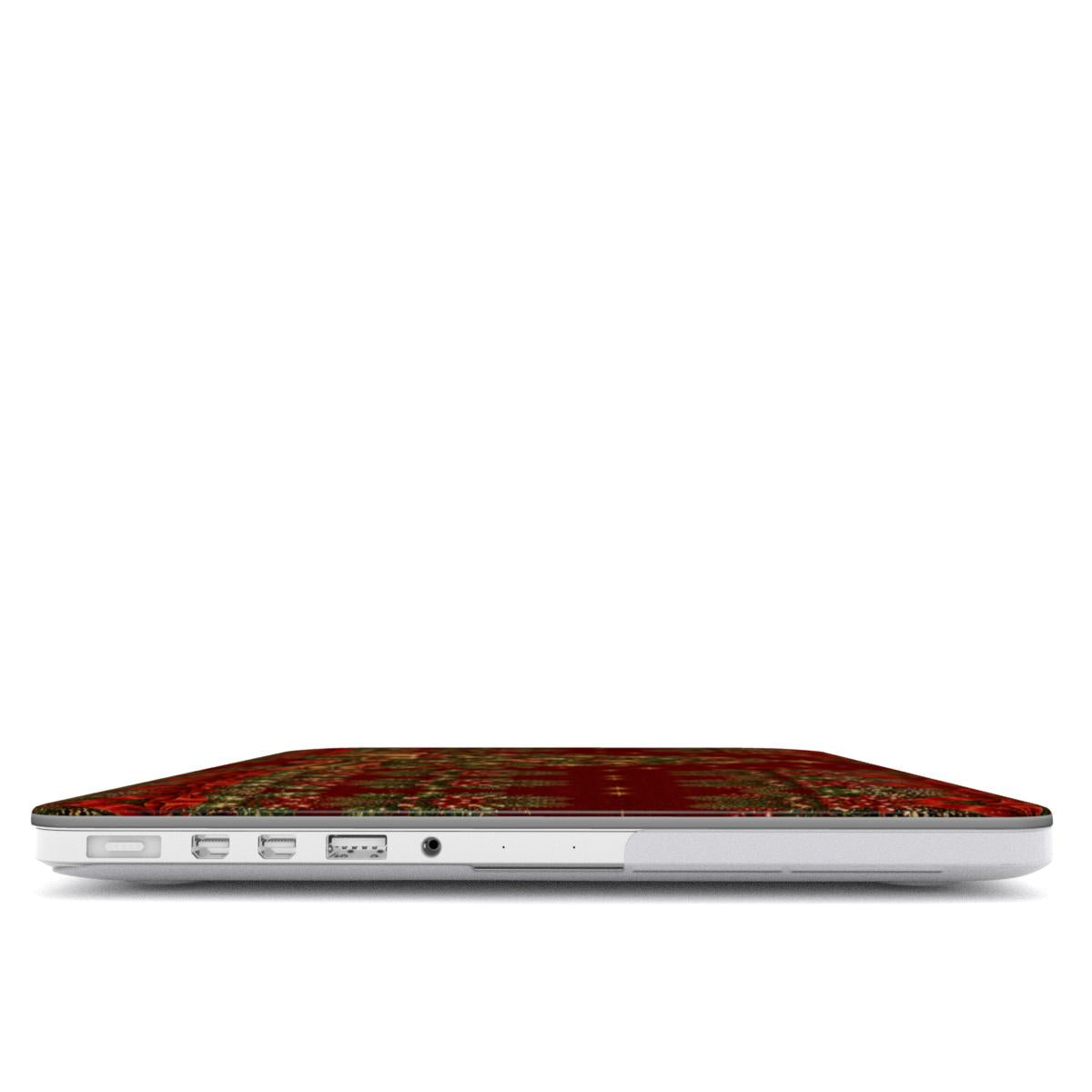 Vintage Tree & Books MacBook case — hard-shell laptop cover, side view with ports
