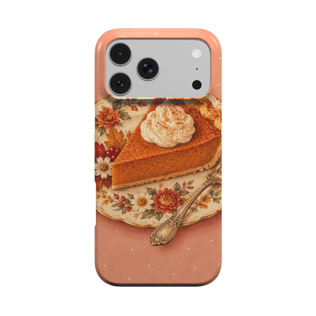 Pumpkin Pie Slice phone case — slice of pumpkin pie with whipped cream on a floral plate, MagSafe iPhone case, front view