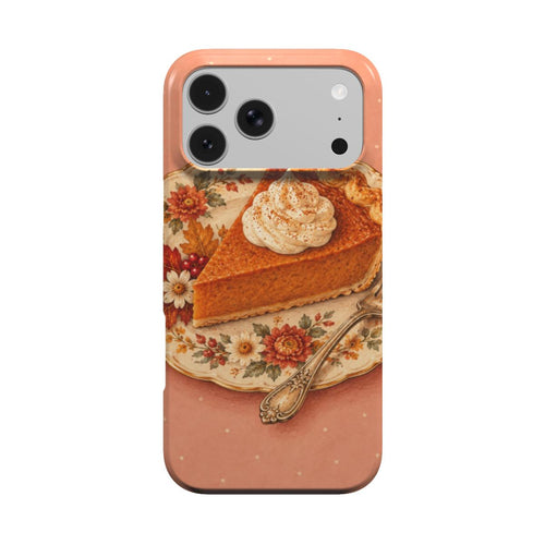 Pumpkin Pie Slice phone case — slice of pumpkin pie with whipped cream on a floral plate, MagSafe iPhone case, front view