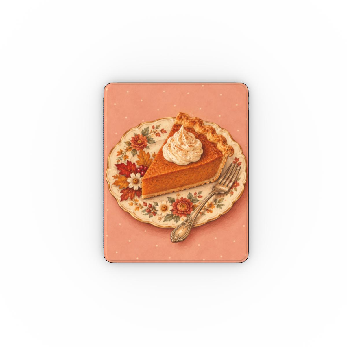 Pumpkin Pie Slice iPad case — slice of pumpkin pie with whipped cream on a floral plate