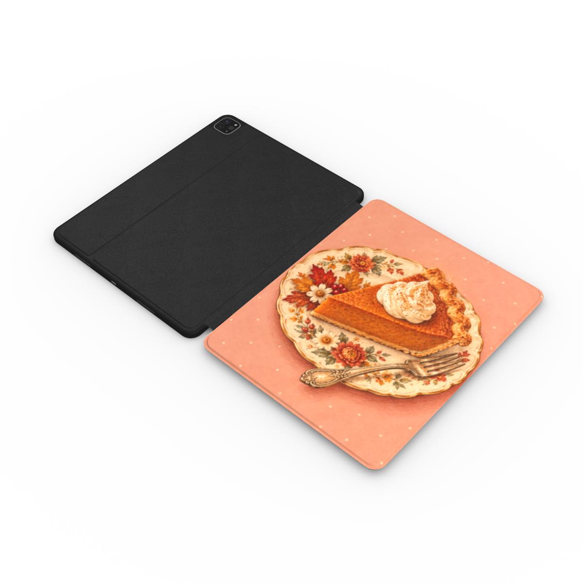 Pumpkin Pie Slice iPad case opened flat — printed front cover with plain black interior