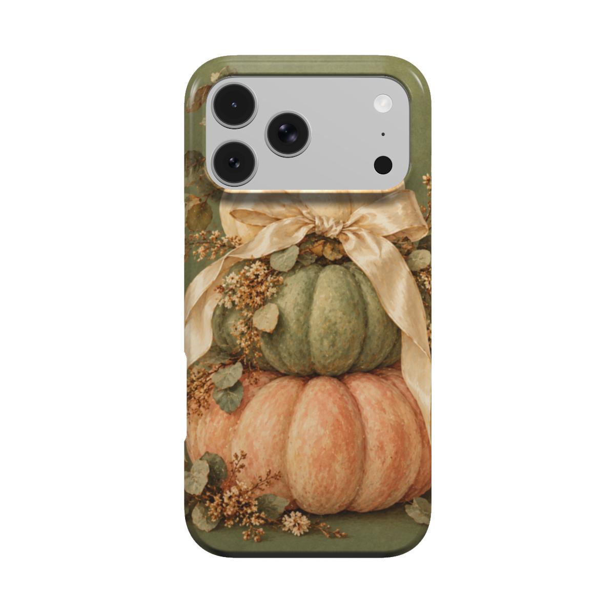 Sage Pumpkin Stack phone case — stacked white, sage and peach pumpkins with a cream satin bow, MagSafe iPhone case, front view