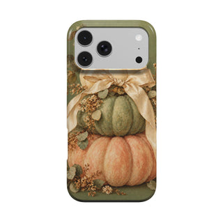 Sage Pumpkin Stack phone case — stacked white, sage and peach pumpkins with a cream satin bow, MagSafe iPhone case, front view