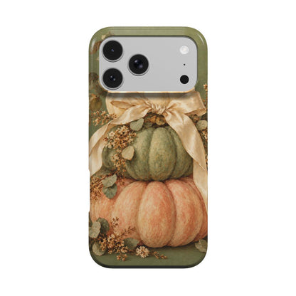 Sage Pumpkin Stack phone case — stacked white, sage and peach pumpkins with a cream satin bow, MagSafe iPhone case, front view