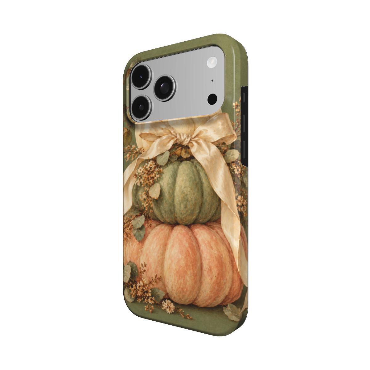 Sage Pumpkin Stack phone case — MagSafe iPhone case, angled view